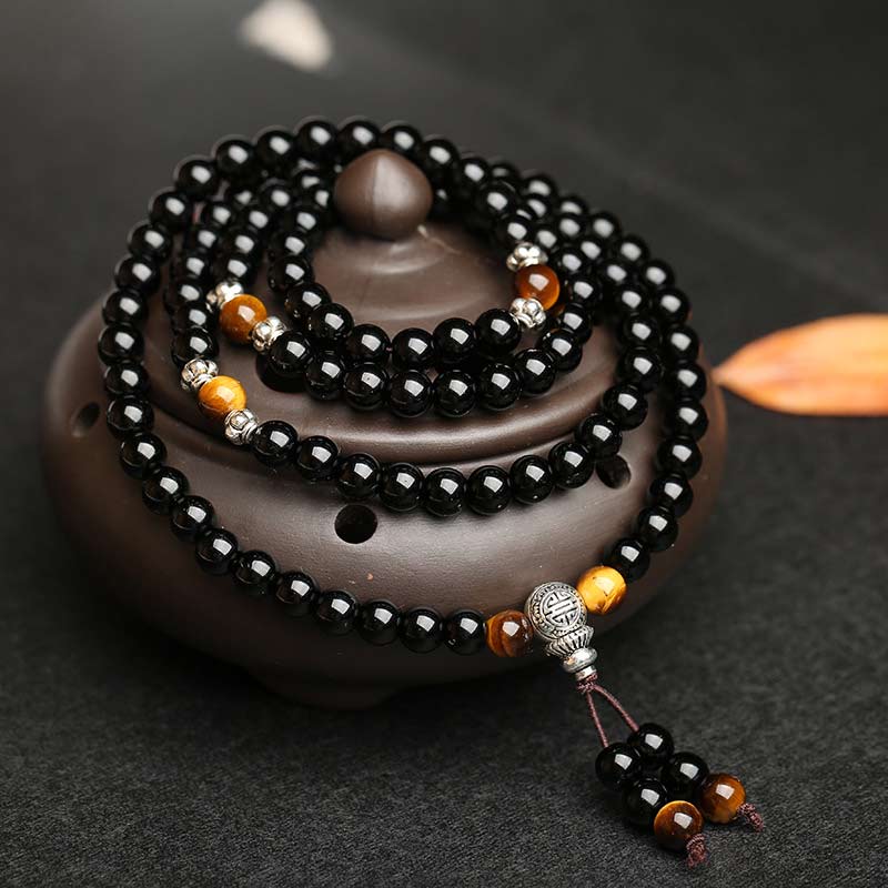 Carmiora schwarzes Obsidian-Tigerauge-Segen-Mala-Armband