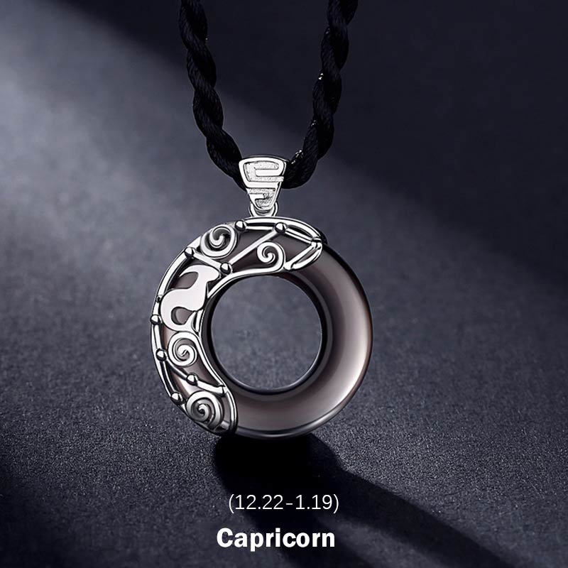 Carmiora Halskette mit 12 Sternbildern des Tierkreises, schwarzer Obsidian, Segen, runder Anhänger