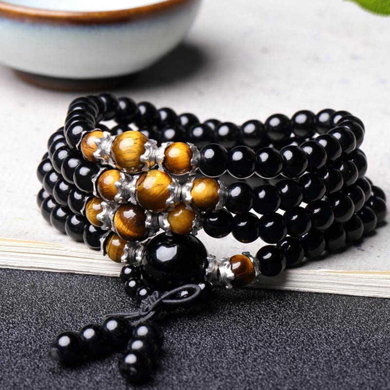 Carmiora 108 Perlen natürliches schwarzes Obsidian-Tigerauge-Mala-Armband