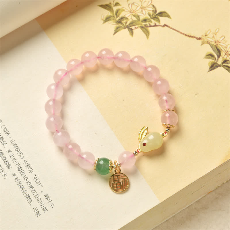 Carmiora-Armband „Jahr des Kaninchens“, natürliches rosa Kristallgrünes Achat-Häschen-Liebes-Glücks-Armband