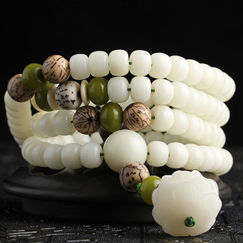 Carmiora White Jade Bodhi Lotus Mala Harmony Halskette Armband
