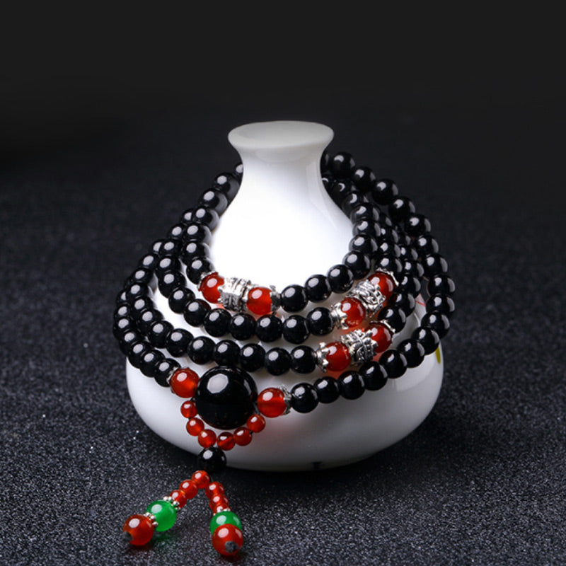 Carmiora 108 Perlen natürliches schwarzes Obsidian-Tigerauge-Mala-Armband