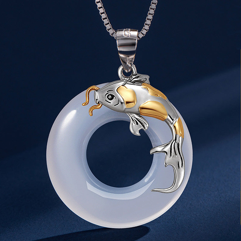 Carmiora-Mondstein, schwarzer Obsidian, Koi-Fisch, heilender Liebes-Halsketten-Anhänger