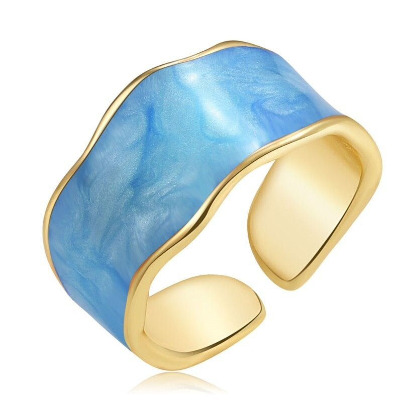 Mehrfarbige Emaille-Ringe im Vintage-Stil mit geometrischem Wellenmuster und dickem Band