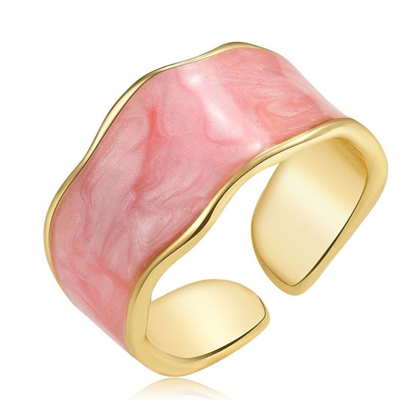 Mehrfarbige Emaille-Ringe im Vintage-Stil mit geometrischem Wellenmuster und dickem Band