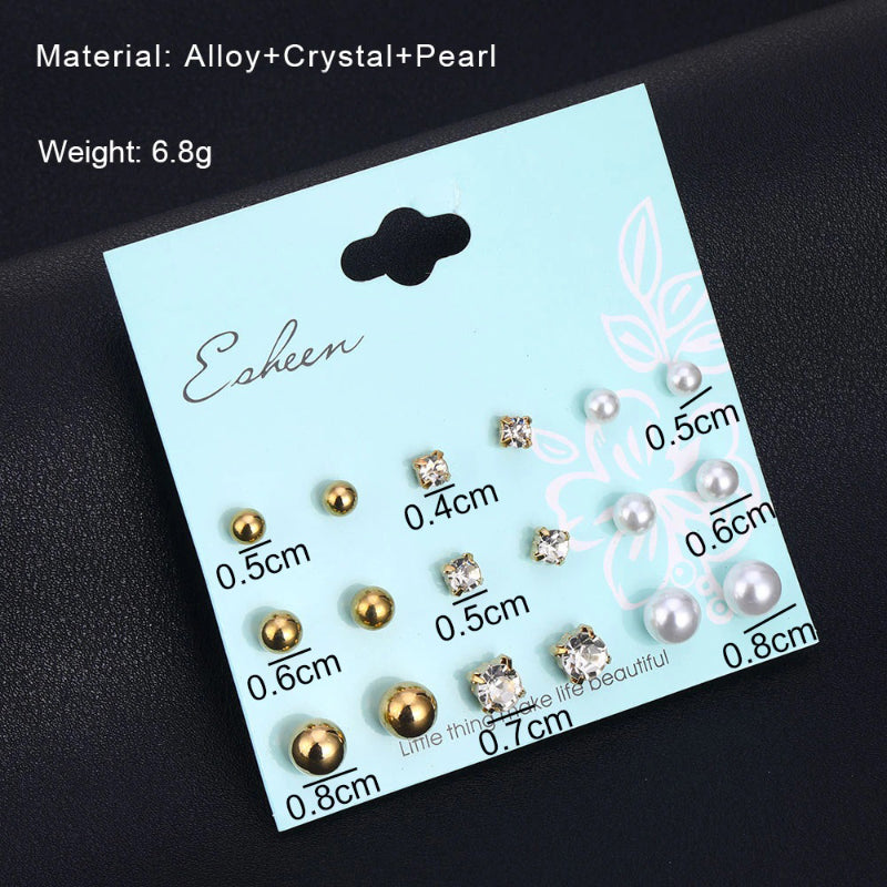 Ohrstecker-Set mit Strasssteinen, Perlen, Blumen und Herzen, 12 Paar