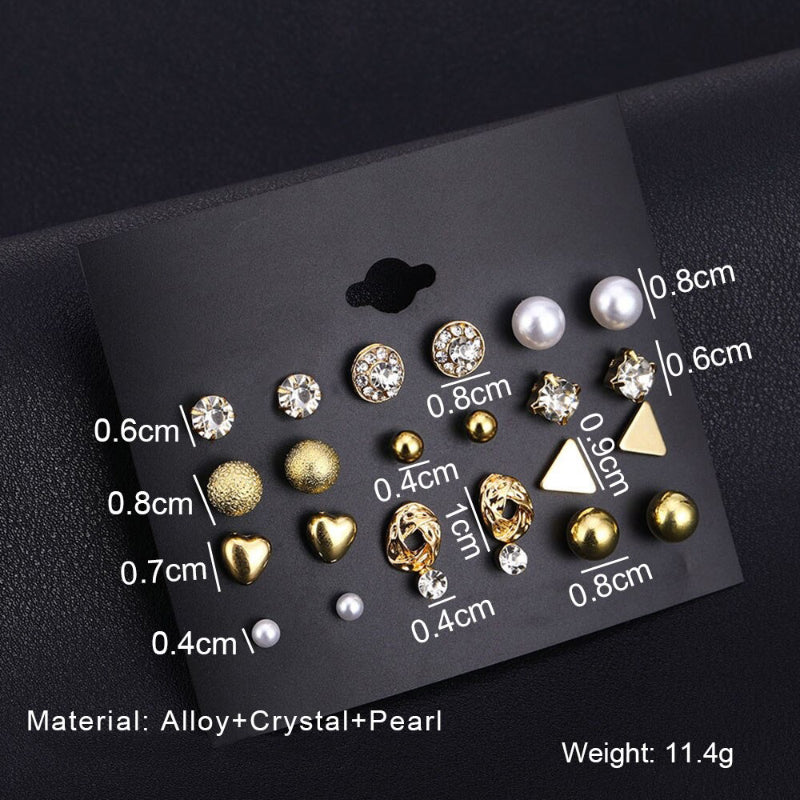 Ohrstecker-Set mit Strasssteinen, Perlen, Blumen und Herzen, 12 Paar
