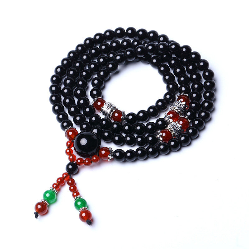 Carmiora 108 Perlen natürliches schwarzes Obsidian-Tigerauge-Mala-Armband