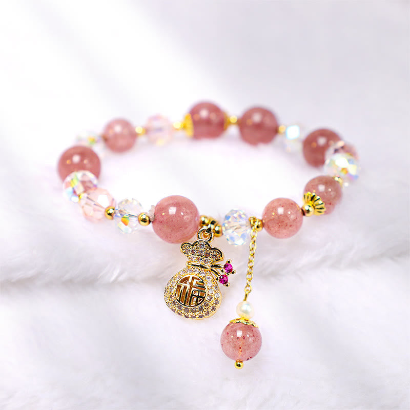 Carmiora Natürliches Erdbeerquarz-Kristall-Geldbeutel-Charm-Positiv-Armband
