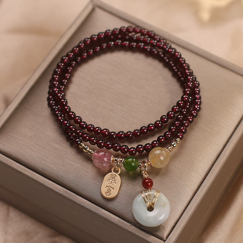 Carmiora Natürlicher Granat-Erdbeerquarz-Kristall, Fuchs-Koi-Fisch, Friedensschnalle, Glücksschutz, dreifach gewickeltes Armband