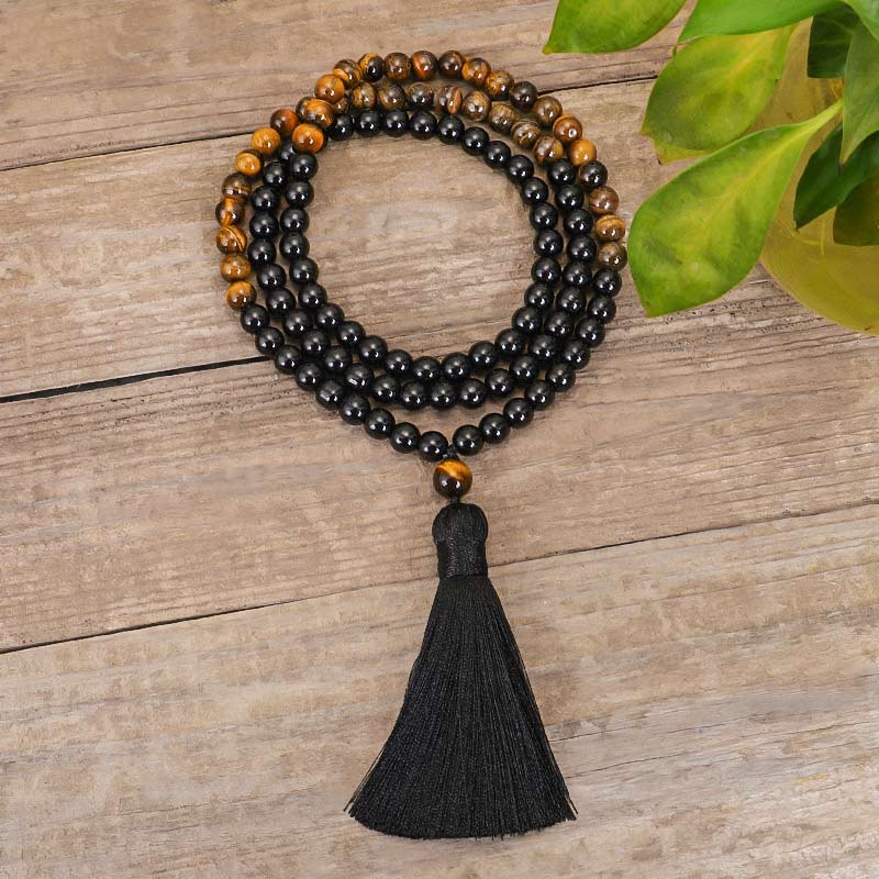 Carmiora Tibetisches schwarzes Onyx-Tigeraugenschutz-Halsketten-Mala-Set