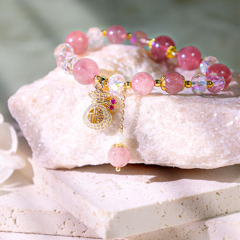 Carmiora Natürliches Erdbeerquarz-Kristall-Geldbeutel-Charm-Positiv-Armband
