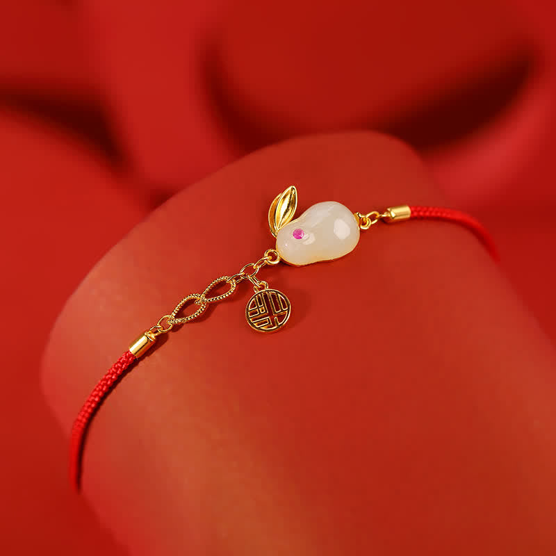 Carmiora 925 Sterling Silber Jahr des Kaninchens Hetian White Jade Luck Blessing Red String Armband