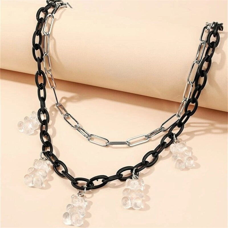 Schwarz-weiße mehrlagige Gothic-Halsketten mit Bärenanhängern