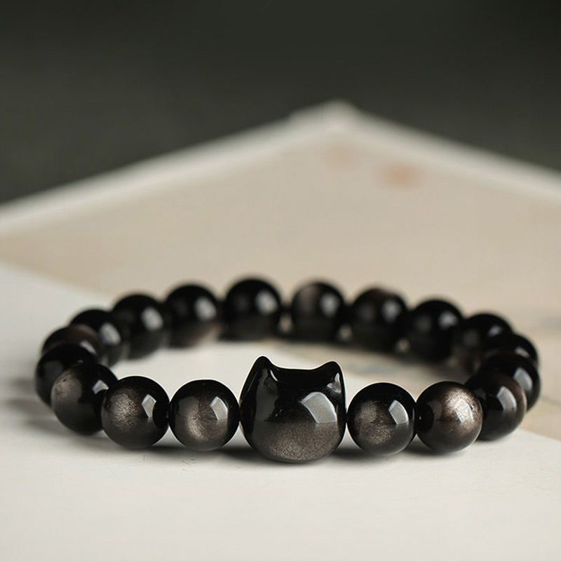 Carmiora Gold glänzender Obsidian Silber glänzender Obsidian Schönes Pfoten-Glückskatzen-Schutzarmband