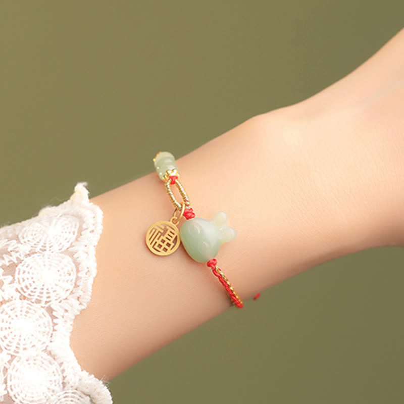 Carmiora 925 Sterling Silber Jahr des Kaninchens Hetian Jade Glück Glück rote Schnur Armband