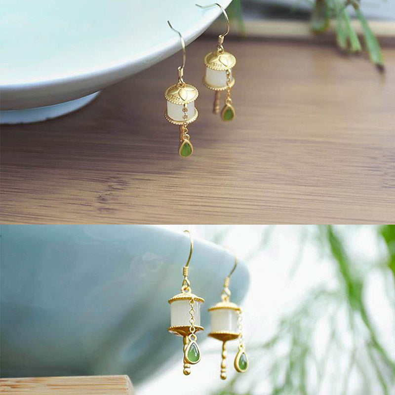 Carmiora 925 Sterling Silber Jade Gebetsmühle Glück Tropfen Ohrringe