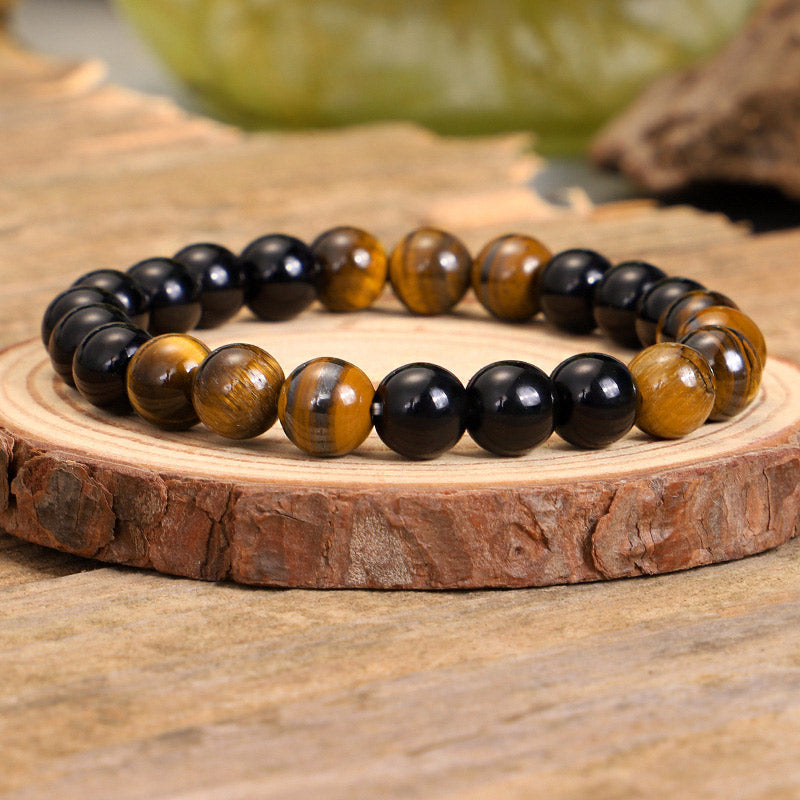 Carmiora Tibetisches schwarzes Onyx-Tigeraugenschutz-Halsketten-Mala-Set