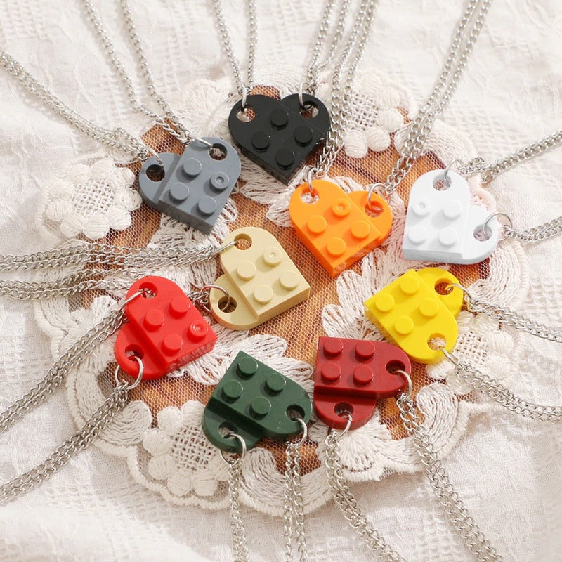 2-teilige Halsketten mit Anhängern aus Legosteinen mit Herzmotiv und Freundschaftssymbol