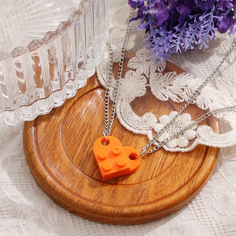 2-teilige Halsketten mit Anhängern aus Legosteinen mit Herzmotiv und Freundschaftssymbol