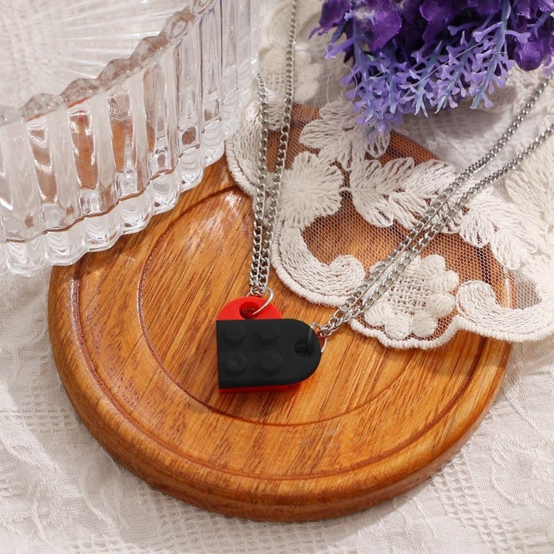 2-teilige Halsketten mit Anhängern aus Legosteinen mit Herzmotiv und Freundschaftssymbol