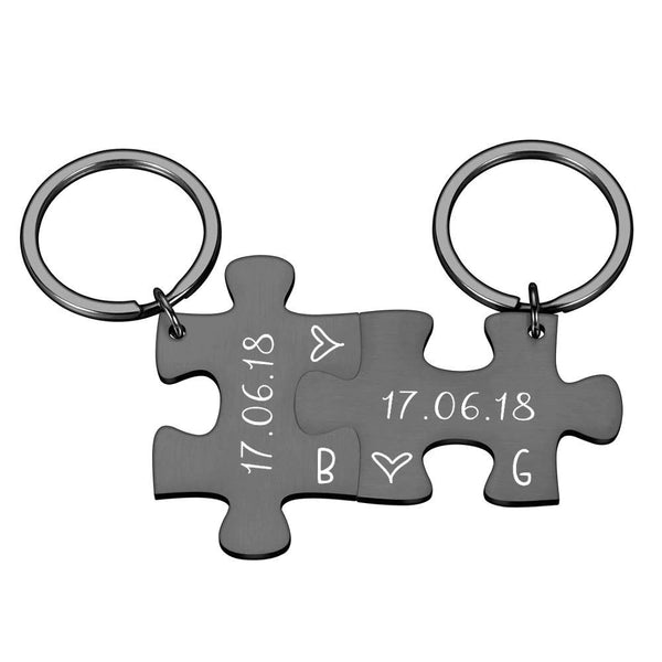 2-teiliger personalisierter Puzzle-Schlüsselanhänger mit Initialen und Jahrestagsdatum für Paare