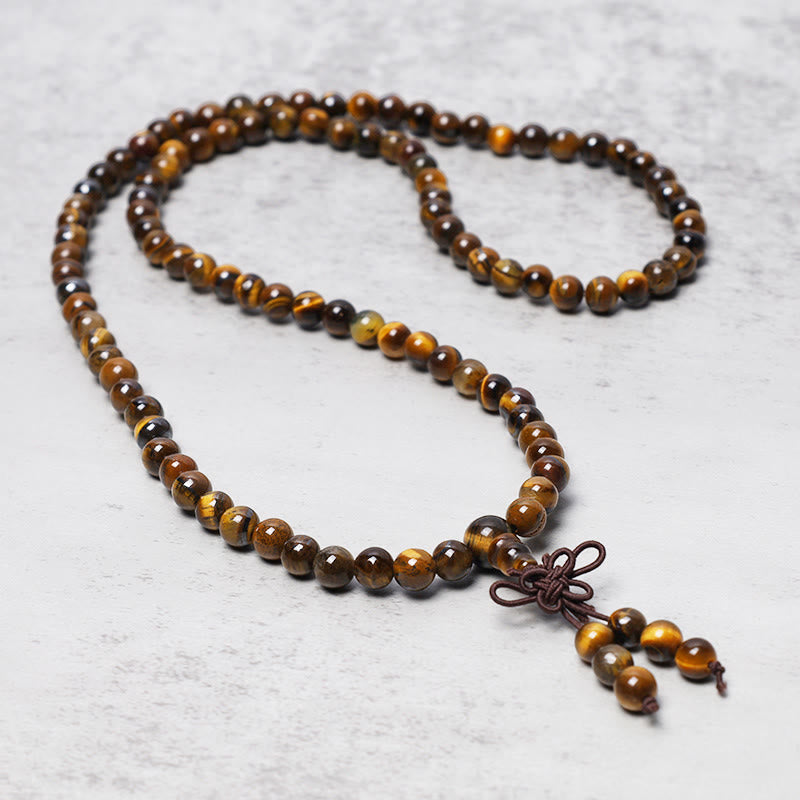Carmiora tibetische 108 natürliche Tigerauge-Edelsteinperlen Gebets-Mala-Armband-Halskette