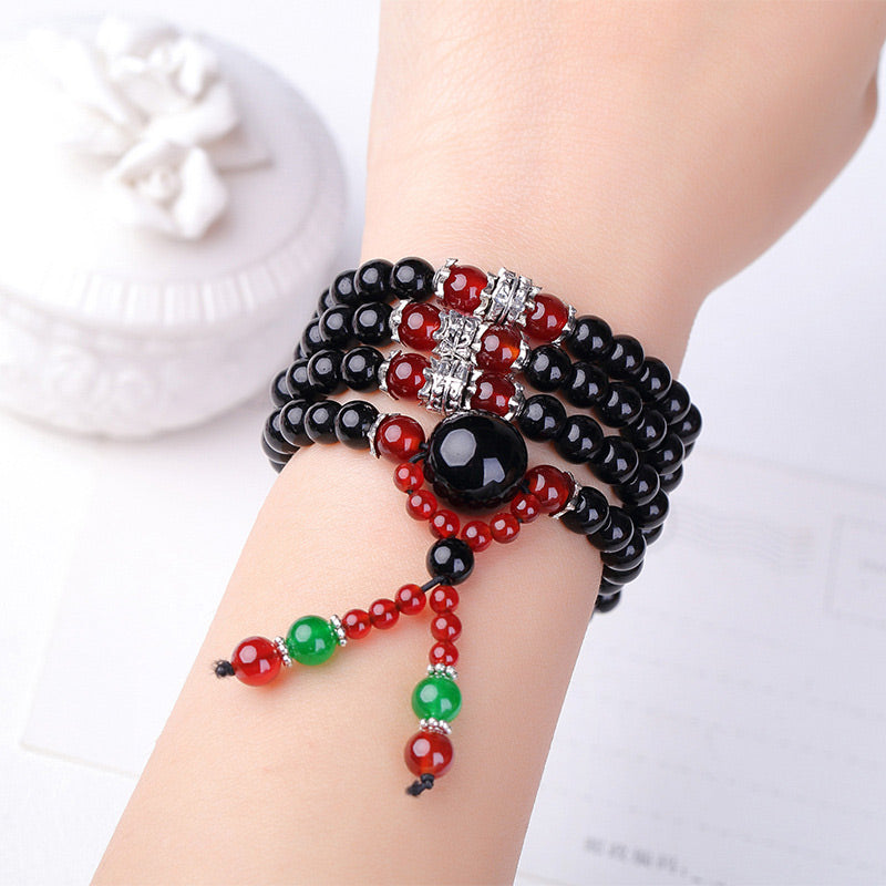 Carmiora 108 Perlen natürliches schwarzes Obsidian-Tigerauge-Mala-Armband