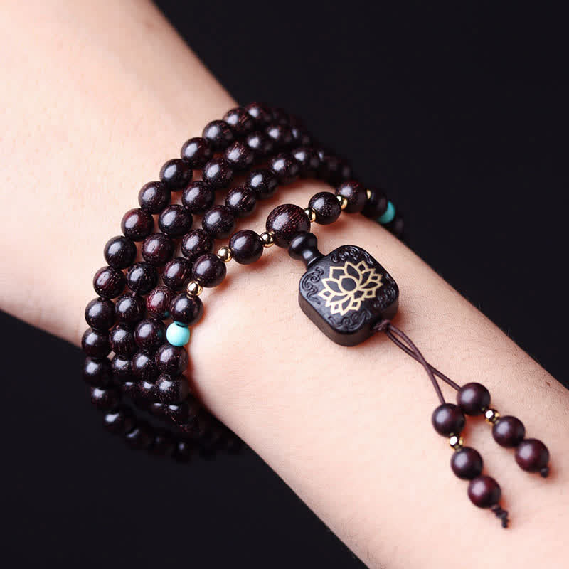 Carmiora 108 Mala-Perlen, tibetisches kleines Blatt, rotes Sandelholz, Lotus-Balance-Armband