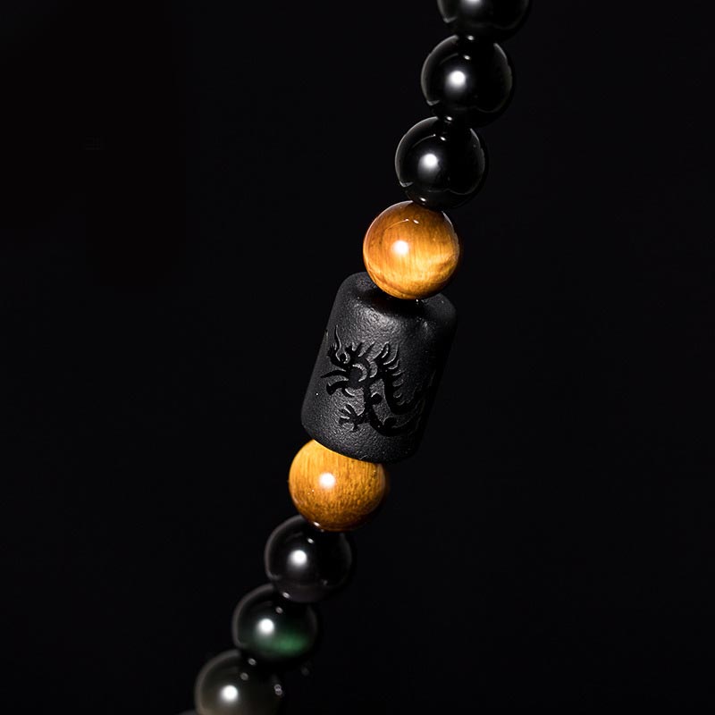 Carmiora Natürliches schwarzes Obsidian-Regenbogen-Obsidian-Kürbis-Segen-Armband Mala