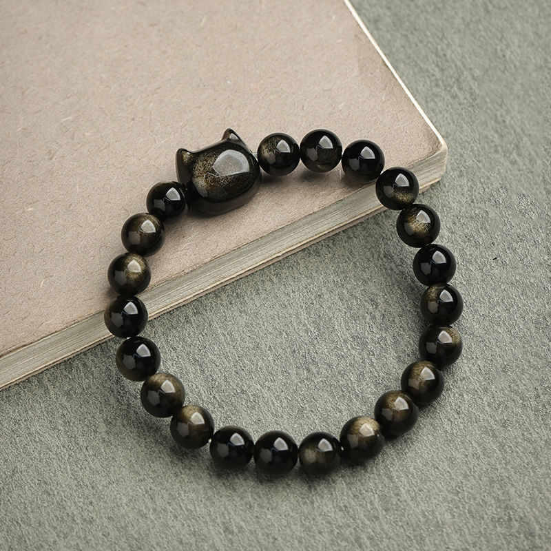Carmiora Gold glänzender Obsidian Silber glänzender Obsidian Schönes Pfoten-Glückskatzen-Schutzarmband