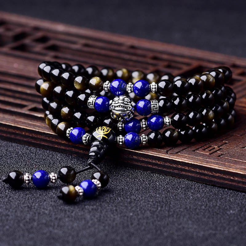 Carmiora Mala-Armband mit 108 Perlen, schwarzem Obsidian, Tigerauge, Lazurit