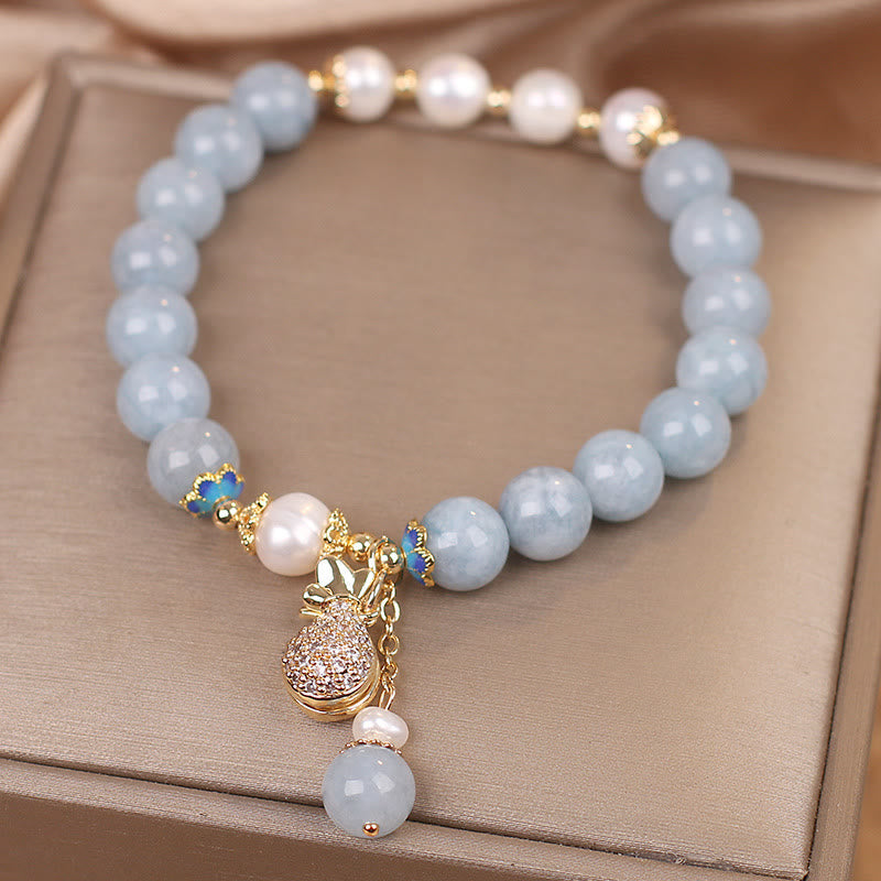 Carmiora Aquamarin-Perlen-Glücksbeutel-Charm-Armband