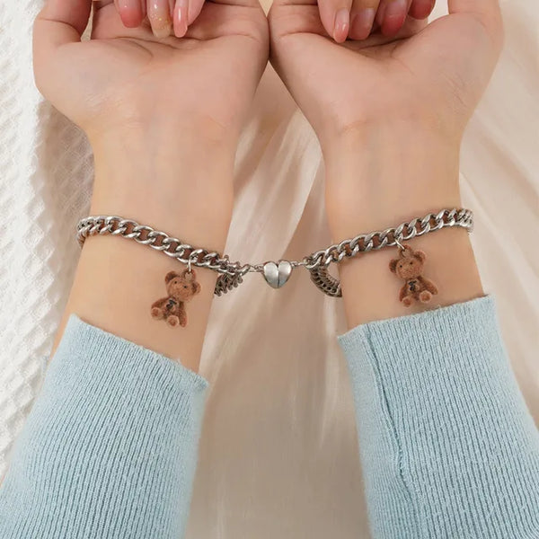 Silbernes Fußkettchen mit Herzanhänger, Teddybär - Friends-Armband
