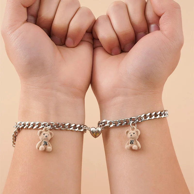 Silbernes Fußkettchen mit Herzanhänger, Teddybär - Friends-Armband