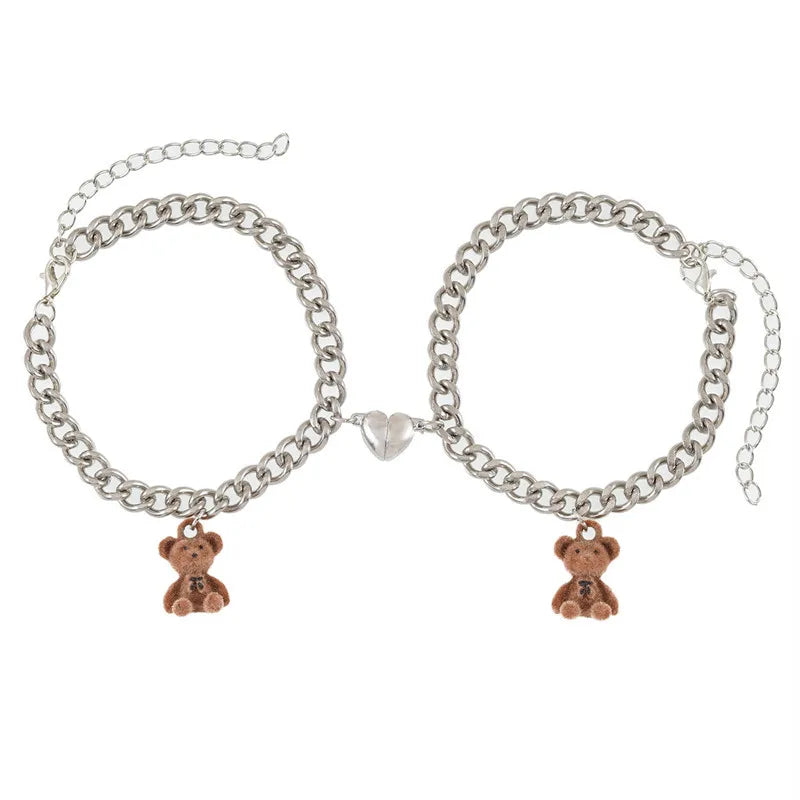 Silbernes Fußkettchen mit Herzanhänger, Teddybär - Friends-Armband