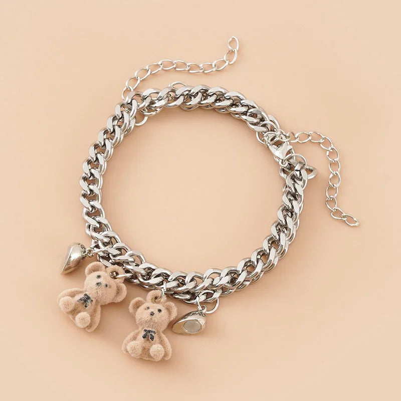 Silbernes Fußkettchen mit Herzanhänger, Teddybär - Friends-Armband