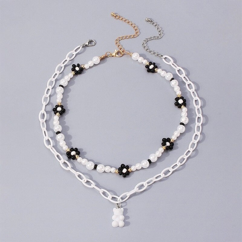 Schwarz-weiße mehrlagige Gothic-Halsketten mit Bärenanhängern