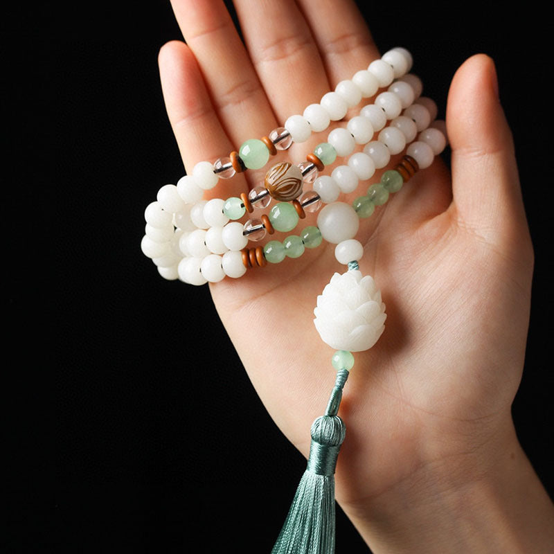 Carmiora White Bodhi Seed Mala 108 Perlen Schutzarmband