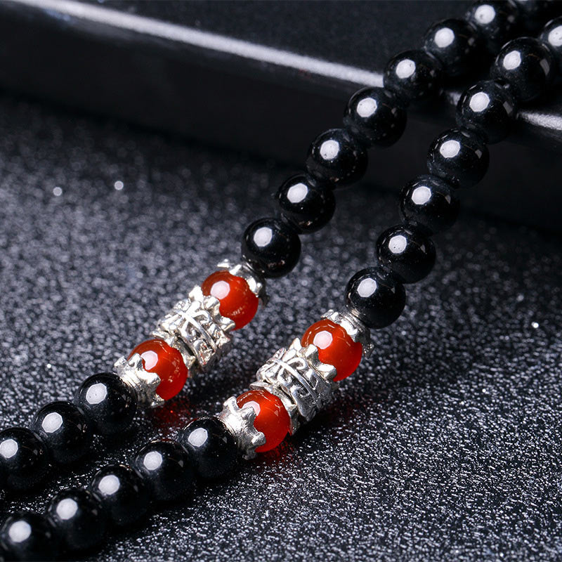 Carmiora 108 Perlen natürliches schwarzes Obsidian-Tigerauge-Mala-Armband