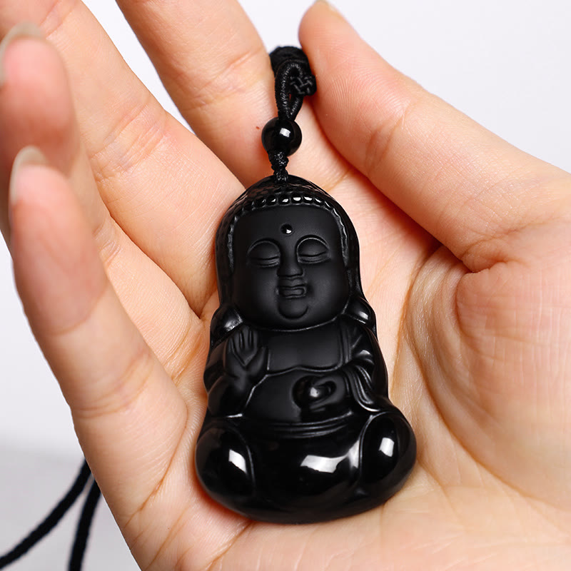 Carmiora Natürlicher schwarzer Obsidian-Kristall, Buddha-Stärke, Schutz-Amulett, Glücksbringer-Anhänger-Halskette
