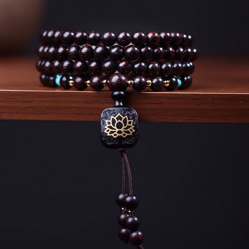 Carmiora 108 Mala-Perlen, tibetisches kleines Blatt, rotes Sandelholz, Lotus-Balance-Armband