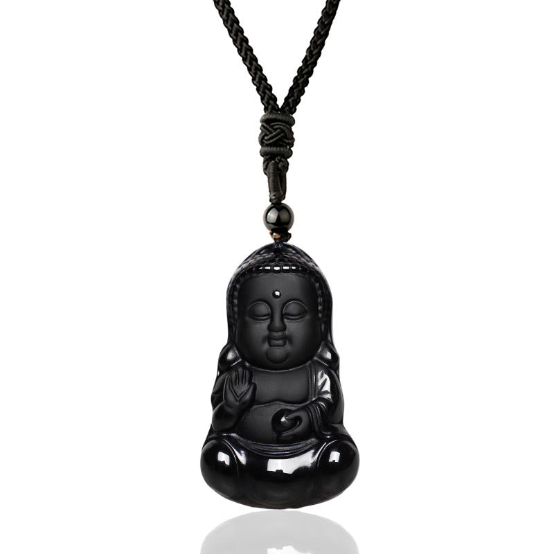 Carmiora Natürlicher schwarzer Obsidian-Kristall, Buddha-Stärke, Schutz-Amulett, Glücksbringer-Anhänger-Halskette