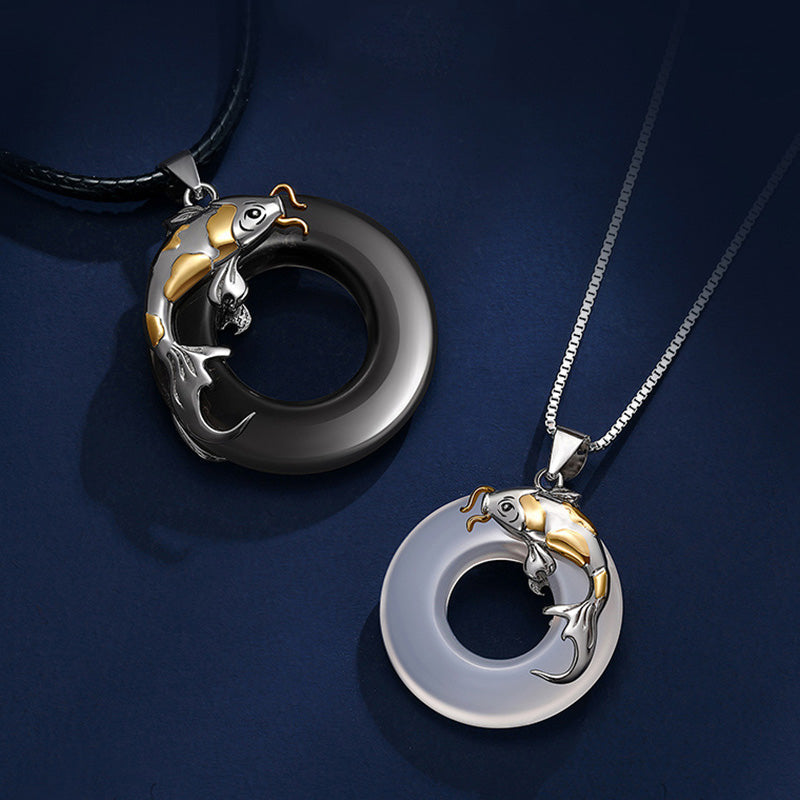 Carmiora-Mondstein, schwarzer Obsidian, Koi-Fisch, heilender Liebes-Halsketten-Anhänger