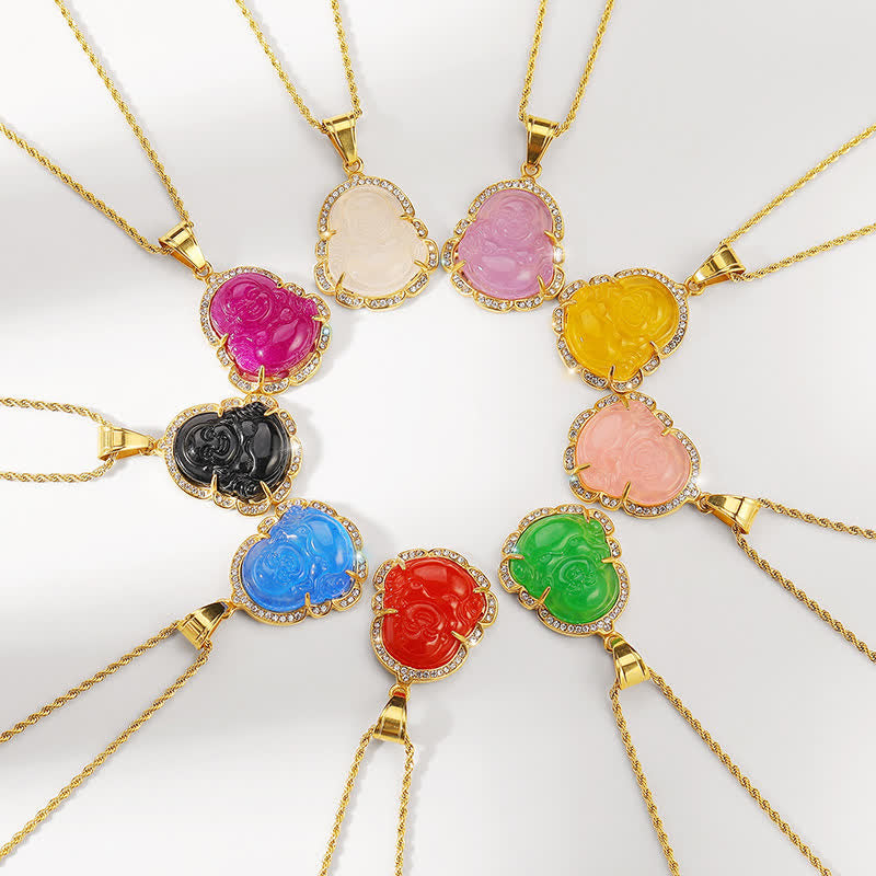 Carmiora 18K Gold gefüllt lachender Buddha Jade Glück Halskette Kettenanhänger