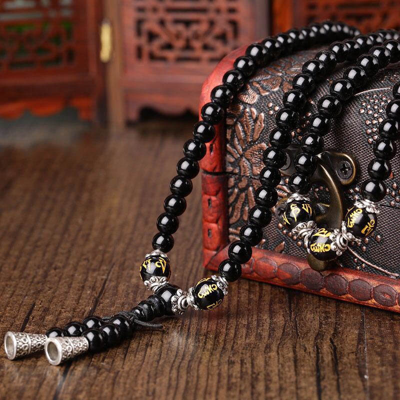 Carmiora Black Obsidian Six True Words Protection Mala Armband