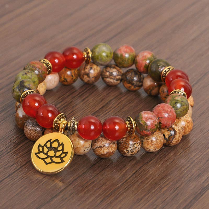 Carmiora Tibetisches Bild Jaspis Positive Lotus Armband Set
