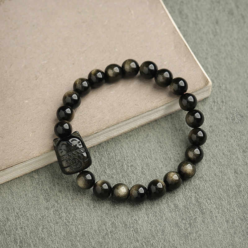 Carmiora Gold glänzender Obsidian Silber glänzender Obsidian Schönes Pfoten-Glückskatzen-Schutzarmband