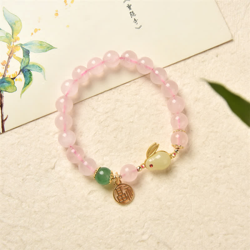 Carmiora-Armband „Jahr des Kaninchens“, natürliches rosa Kristallgrünes Achat-Häschen-Liebes-Glücks-Armband