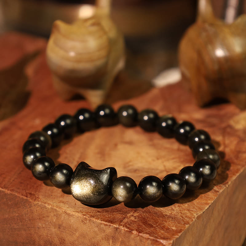 Carmiora Gold glänzender Obsidian Silber glänzender Obsidian Schönes Pfoten-Glückskatzen-Schutzarmband